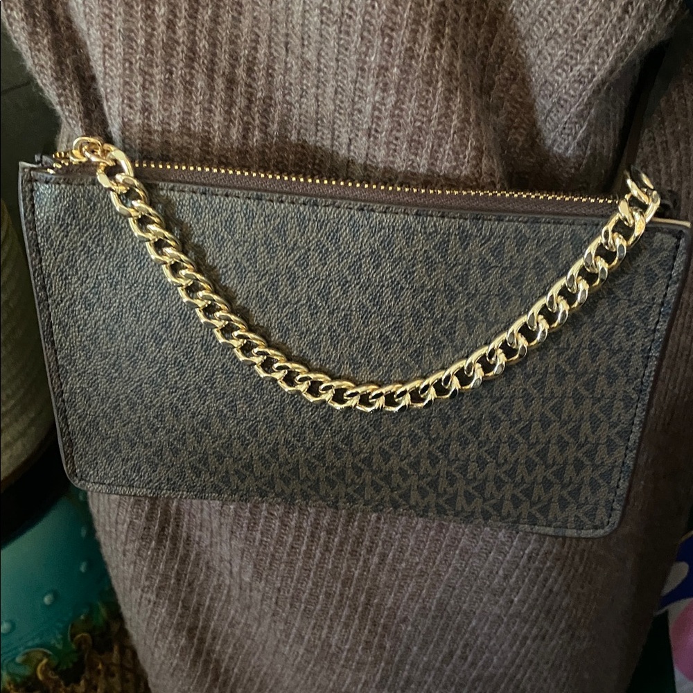 NWOT Michael Kors Brown MK Signature Belt Bag with gold-plated chain Size M 36”